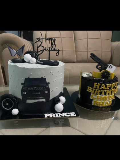 Here are two custom cakes I made for a joint celebration, each reflecting a unique personality. One is a Scorpio car theme, and the other is a "Chota Bhai" cake with money, a watch, and other fun elements.