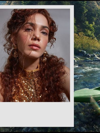 A vibrant editorial look featuring a gold sequin top, set against a natural landscape. The collage format combines a high-glamour studio portrait with an outdoor scene, creating a dynamic fashion story.