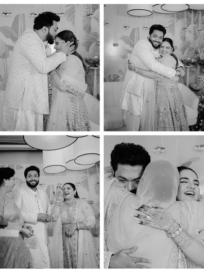 A collage of hugs and happy tears. These black and white images capture the overwhelming love and emotion shared between the couple and their families during the ceremony.