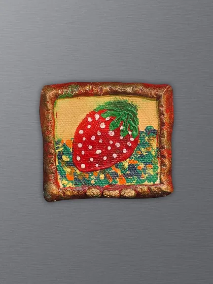 A sweet, retro-style strawberry magnet to brighten your kitchen. I use thick acrylics to give the texture of the fruit a tactile feel, all framed in a hand-molded clay border.