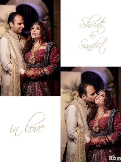 A romantic collage of the couple, "Shruti & Sanchit," featuring sweet kisses and loving embraces.