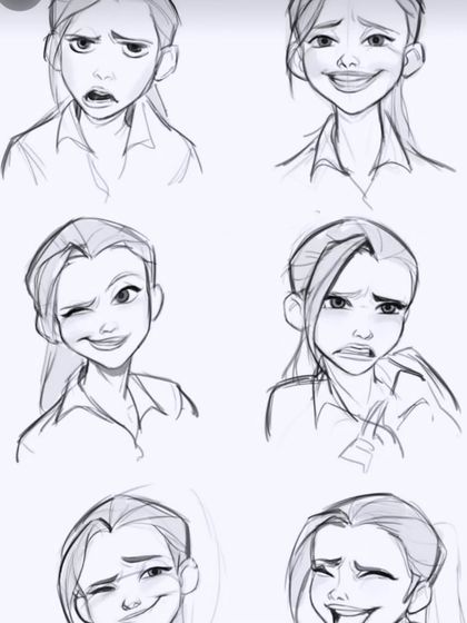 Here is another great set of expressions to study. These examples show a female character with a range of emotions, from winking to laughing, providing excellent practice for your sketches.