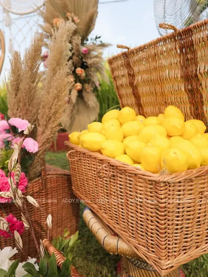 A creative and zesty decor detail, this wicker basket filled with bright yellow lemons added a unique and refreshing touch to the Haldi setup.