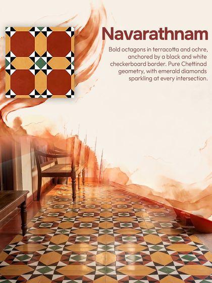 This is the 'Navarathnam' pattern, a classic Athangudi tile design from Chettinad. The floor comes alive with bold octagons in terracotta and ochre, anchored by a checkerboard border. It’s a perfect example of how traditional Indian flooring can become the centerpiece of a room.