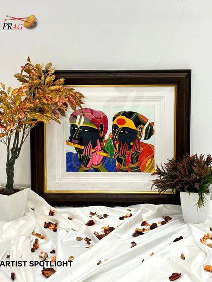 Thota Vaikuntam's art reimagined through zardozi embroidery is a unique treasure. We frame these textile masterpieces with deep-set mouldings and layered mounts to enhance their sculptural, three-dimensional quality while preserving the delicate threads.