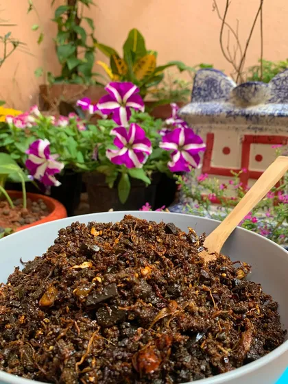 A bowl of my Aneshi and smoked meat pickle, ready to be served. I love having this with a simple plate of rice and dal.