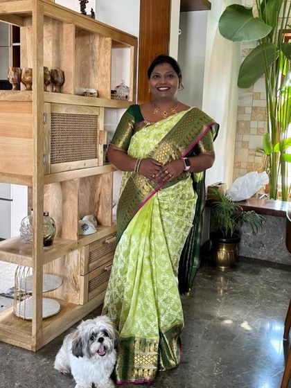 Here is Vinuta in another beautiful choice, a light green Chikankari organza silk saree, looking fresh and elegant at home.