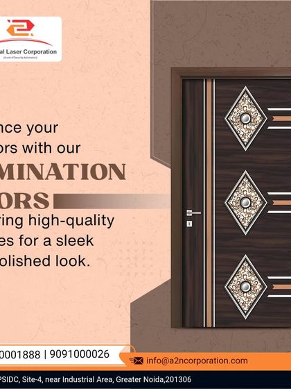This lamination door features a dark wood grain finish with inlaid silver and gold-toned geometric patterns. It offers a sleek, polished look that is both scratch-resistant and easy to maintain, perfect for contemporary interiors.
