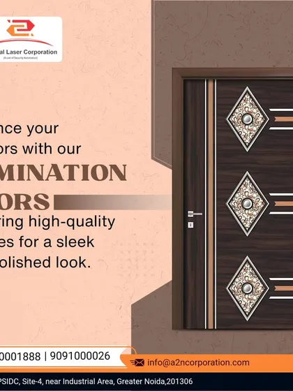 This lamination door features a dark wood grain finish with inlaid silver and gold-toned geometric patterns. It offers a sleek, polished look that is both scratch-resistant and easy to maintain, perfect for contemporary interiors.