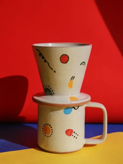 A pour over coffee set from the 'Playful Mornings' collection, combining function with fun, colorful patterns to brighten up your coffee ritual.