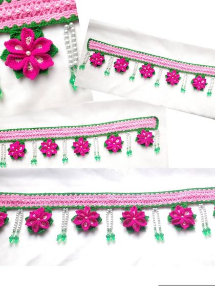 A custom order featuring a toran with beautiful pink flowers and clear bead hangings, showing the variety of designs I can create.