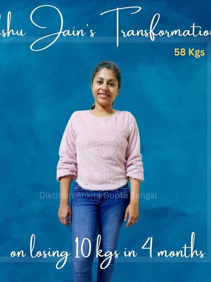 Here is Reshu, 10 kgs lighter at 58 kgs. She feels more active and happy, proving that a balanced and flexible diet is the key to sustainable results and well-being.