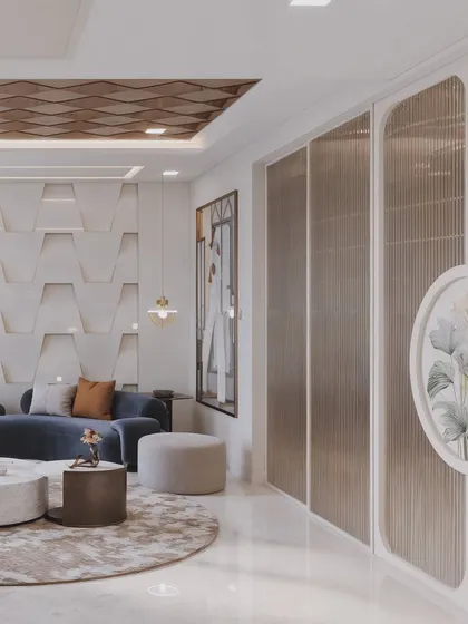 A drawing area in a Delhi residence, featuring a geometric 3D wall panel and a deep blue sofa. The render showcases a modern, playful approach to luxury.