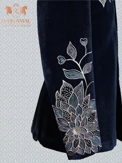 Another angle of the sleeve detail on the navy blue velvet Bandhgala, showcasing the fine threadwork.