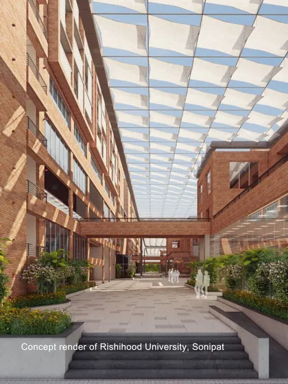 We design the "spaces between" with as much intention as the buildings themselves. This concept render of a sheltered courtyard at Rishihood University illustrates how transitional areas can become vibrant hubs for connection, reflection, and spontaneous learning.