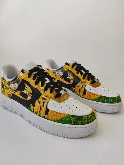 "The Kiss" by Gustav Klimt, recreated on a pair of Nike Air Force 1s. This was one of my most rewarding custom pairs, and the painting just keeps growing on me.