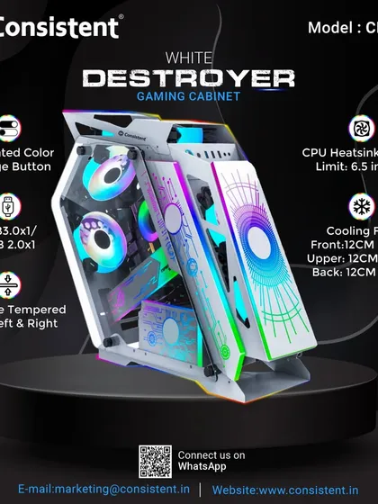 Make a statement with the White Destroyer gaming cabinet. This unique open-look case features tempered glass on both sides, a dedicated color change button for its included RGB fans, and excellent airflow design for Micro ATX and Mini-ITX builds.