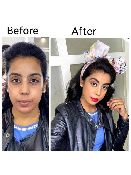 This before and after demonstrates the 90s era look transformation. I used makeup to create a flawless base, defined eyes with a sharp wing, and a statement red lip for a complete retro makeover.