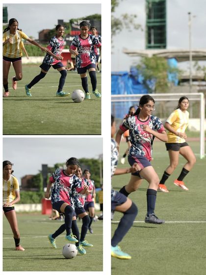 A collage of action shots from the SIS Powerplay tournament, showcasing our girls' team in various game situations, from tackling to running with the ball.