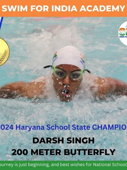 Darsh Singh, our 2024 Haryana School State Champion in the 200-meter butterfly. This action shot captures the focus and power that led him to victory and qualified him for the National School Games.