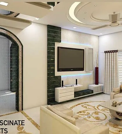 A 3D concept for a living room in Mhasala, Raigad. The design features a large media wall, a beaded curtain archway, and intricate marble inlay flooring, creating a luxurious and traditional aesthetic.