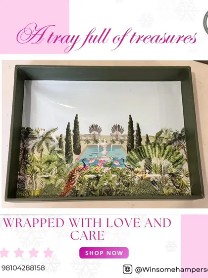 It all starts with a beautiful base. This tray with an elegant garden print serves as the foundation for many of my custom hampers.