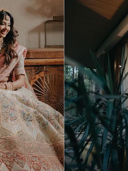 A diptych of bride Ipsa in her beautiful pastel lehenga. These shots, taken in her room and by a window, highlight the intricate details of her outfit and her serene beauty.