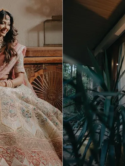 A diptych of bride Ipsa in her beautiful pastel lehenga. These shots, taken in her room and by a window, highlight the intricate details of her outfit and her serene beauty.