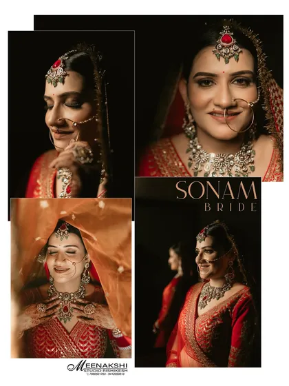 A collage of bridal portraits, showcasing different angles and expressions. From a shy smile under the veil to a confident look, it captures the many emotions of a bride.