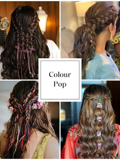 Bridal Hair Trend: A Pop of Color. Weave colorful threads or ribbons into your braids for a fun and playful look, perfect for a Haldi or Mehendi ceremony.