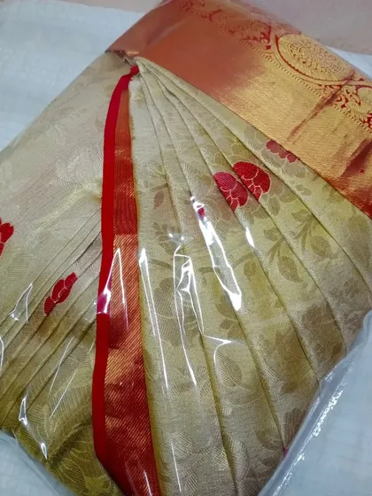 A customized pleated saree, packed and ready for the client.