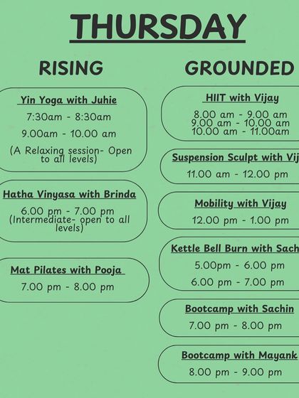 The Thursday schedule at Rising Loka, with a mix of relaxing Yin Yoga, intense HIIT, Mat Pilates, and Kettle Bell Burn.