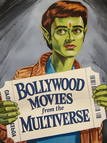 A title card for 'Bollywood Movies from the Multiverse', featuring an alien character holding a movie ticket.