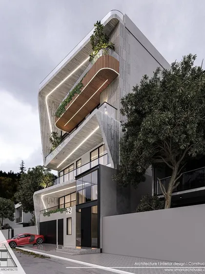 Another view of the Meera Bagh proposal, highlighting the interplay between the solid concrete structure and the open, glass-filled living spaces. The design ensures privacy while maximizing natural light and views.