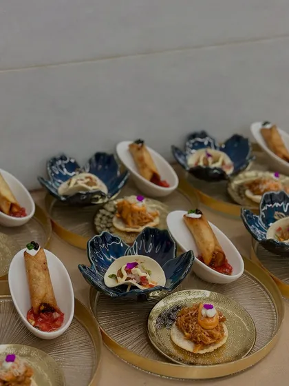 A platter of second-course appetizers, including Crunchy Avocado Tacos, Pulled Jackfruit Tostadas, and Black Bean & Sweet Corn Taquitos, each plated with precision.