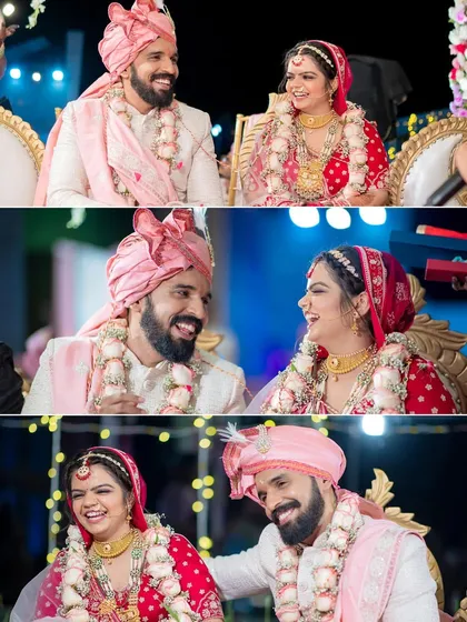 A collage of joyful, candid moments of a couple laughing and smiling together on their wedding stage.