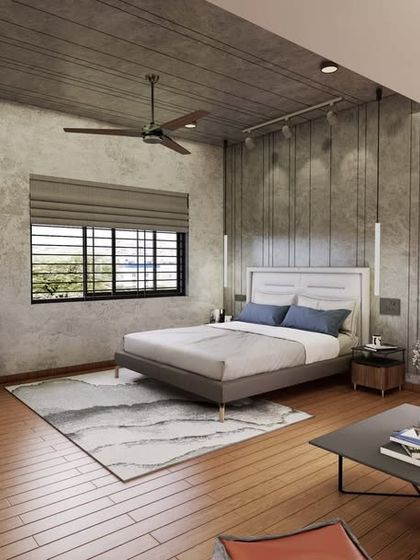 A render of a bachelor pad concept, combining rugged textures with sophisticated furniture for a modern, urban feel.