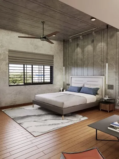 A render of a bachelor pad concept, combining rugged textures with sophisticated furniture for a modern, urban feel.