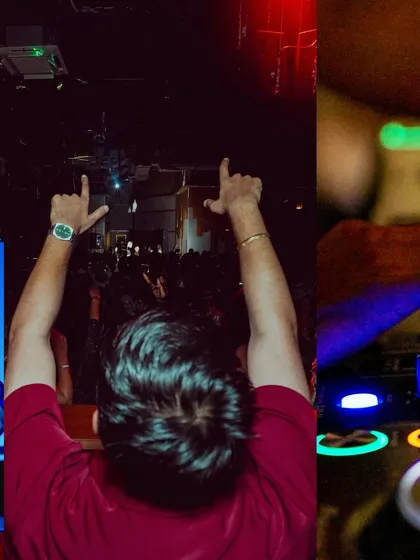 A collage capturing the details of a live performance: me from behind the decks facing the crowd, a close up of my hands on the glowing mixer, and my watch as I raise my hands with the audience.