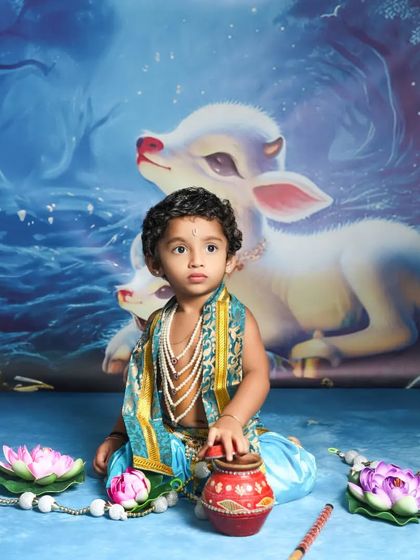 A thoughtful little Krishna. The beautiful painted backdrop adds a magical, artistic touch to this traditional Janmashtami portrait.