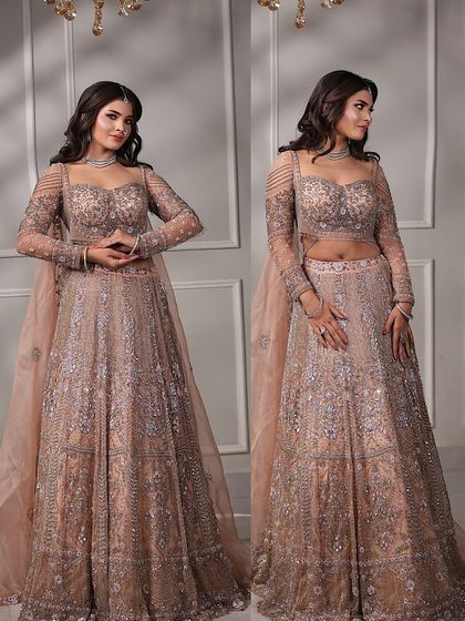 A side-by-side view of the engagement bride, showing off both her full outfit and her graceful poses. The makeup remains flawless from every angle.