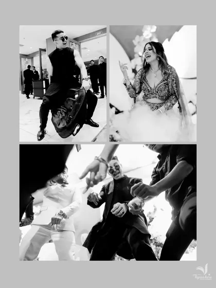 A collage of black and white candid shots from the engagement party, capturing the fun and energy of the dance floor.
