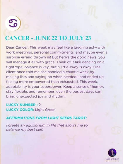 A weekly tarot prediction for Cancer. This week may feel like a juggling act. Think of it like dancing on a tightrope; balance is key, but a little sway is okay.