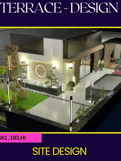 A design concept for a GK1 terrace, featuring a zen-inspired wall art piece, bonsai planters, and sleek, modern lighting. The combination of artificial grass and clean tiles defines different functional zones.