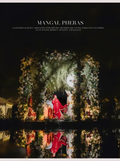 The sacred Mangal Pheras, captured at night. The reflection in the pool adds a beautiful symmetry to the image, while the text overlay explains the significance of the ritual.