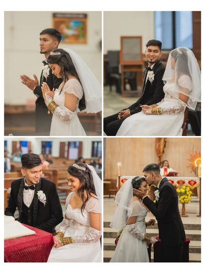 A collage of four candid moments from a church ceremony. It shows the couple praying, signing the register, and sharing a gentle kiss, telling a complete story.
