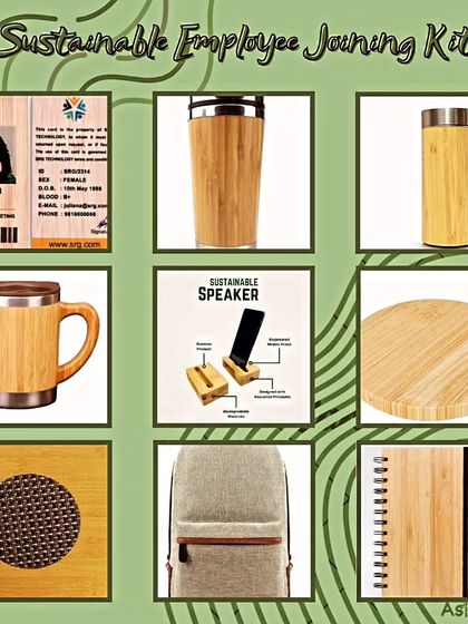 This collage presents our sustainable employee welcome kit, a fantastic alternative to plastic-based corporate gifts. It features a range of customizable bamboo products designed to promote sustainability from day one.