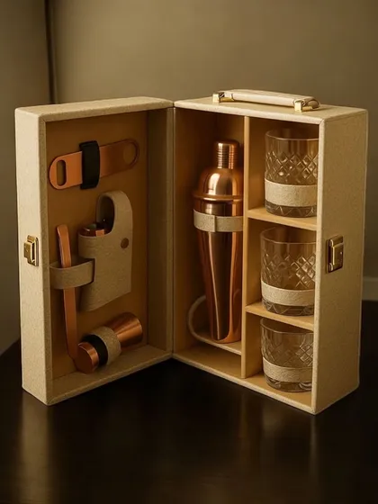 A look inside the Johnnie Walker Collector’s Bar Kit. This portable mini bar includes a copper-toned shaker, bottle opener, peg measure, and other bar tools, alongside three classic whiskey glasses.