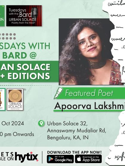 The official Hytix poster for our event with featured poet Apoorva Lakshmi Ragi, a multi-passionate artist exploring themes of self-awareness and urban feminism.