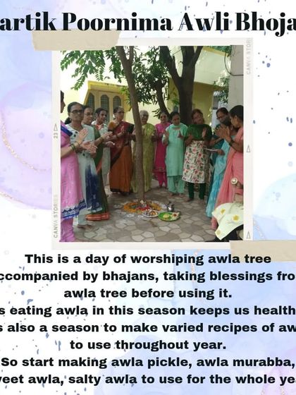This image shows the celebration of Kartik Poornima with 'Awli Bhojan', the worship of the amla tree. This tradition highlights the Ayurvedic wisdom of eating amla during this season to stay healthy and build immunity for the year ahead.